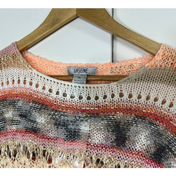 LaSeine Women’s M 3/4 Sleeve Open Knit Sweater Boho Multicolor Pink Cream‎ - Picture 8 of 9